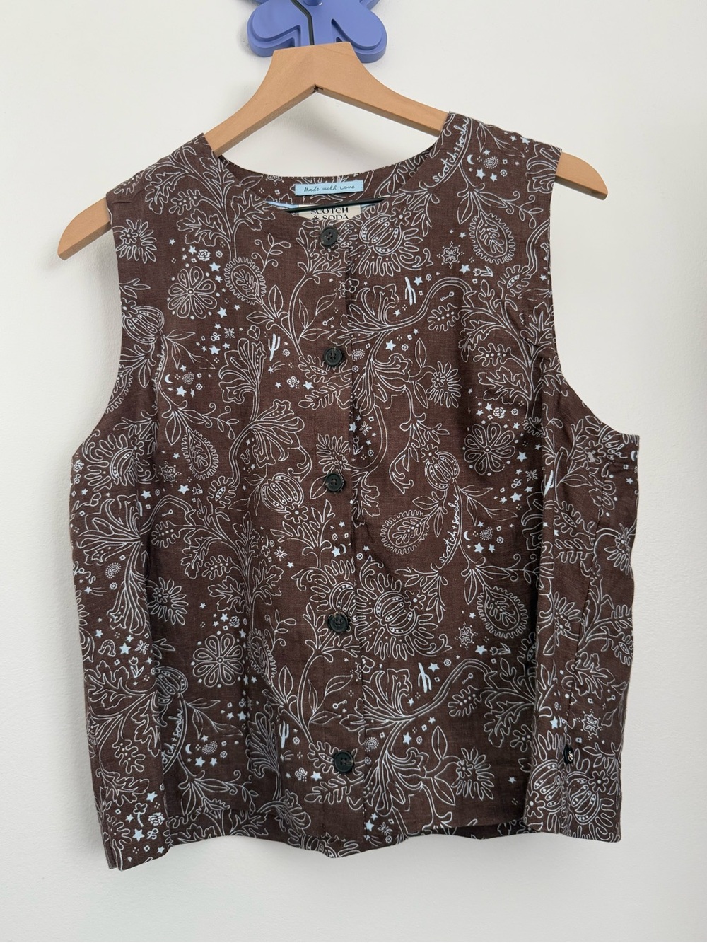 Scotch & Soda Large Sleeveless Linen Button-Up Shirt Brown Bandana Floral Resort